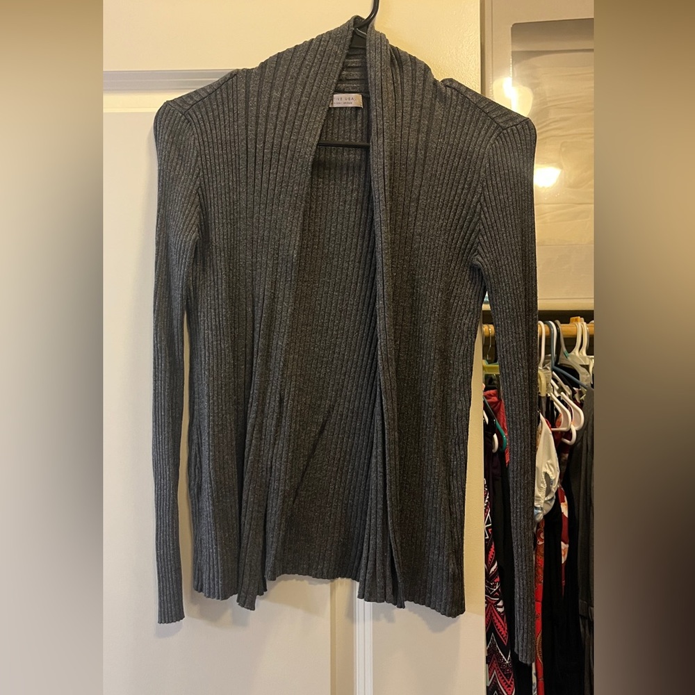 Gray Ribbed Open-Front Cardigan